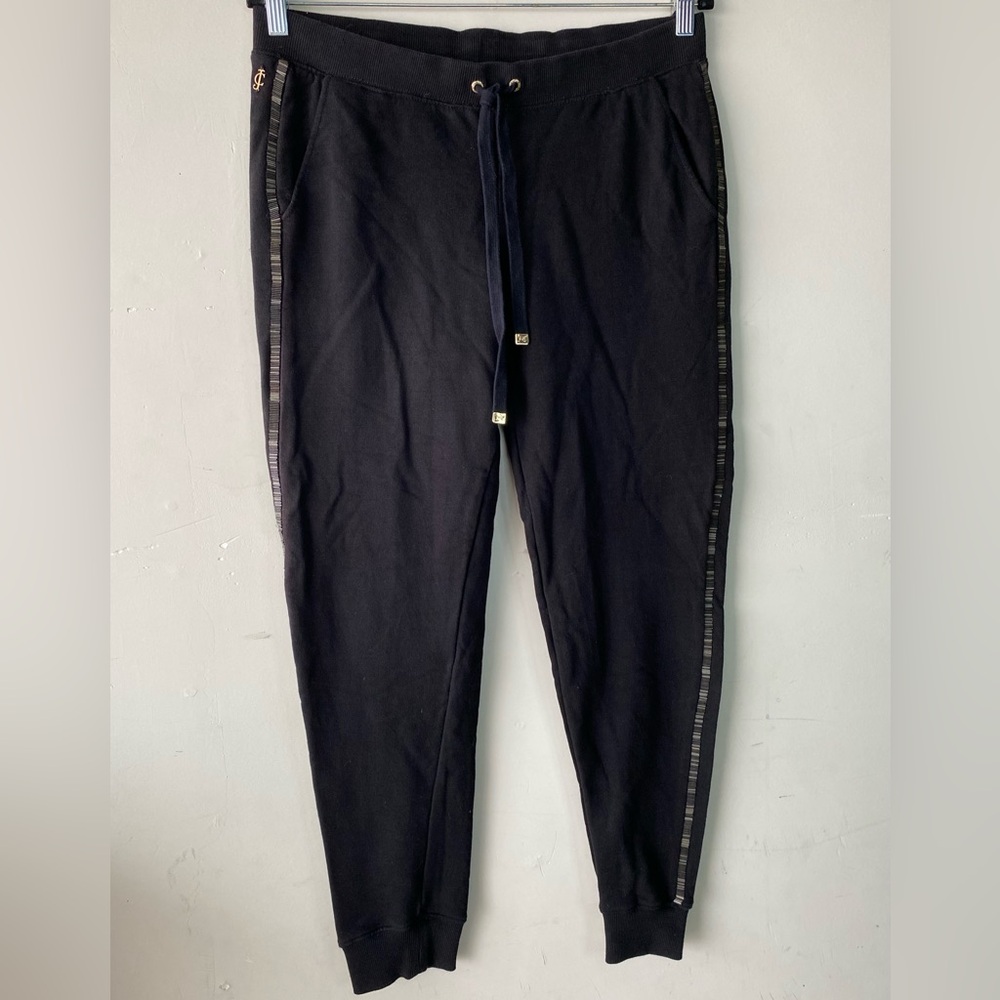 Juicy Couture Black Cotton Joggers Metallic Beaded Side Stripe Trim Charm M - Picture 3 of 8